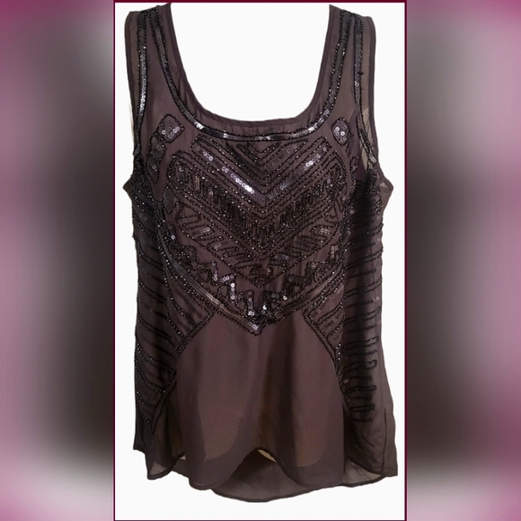 π2/$20 StudioY Beaded Seeveless Sheer Chiffon Top in Lg - Picture 1 of 3